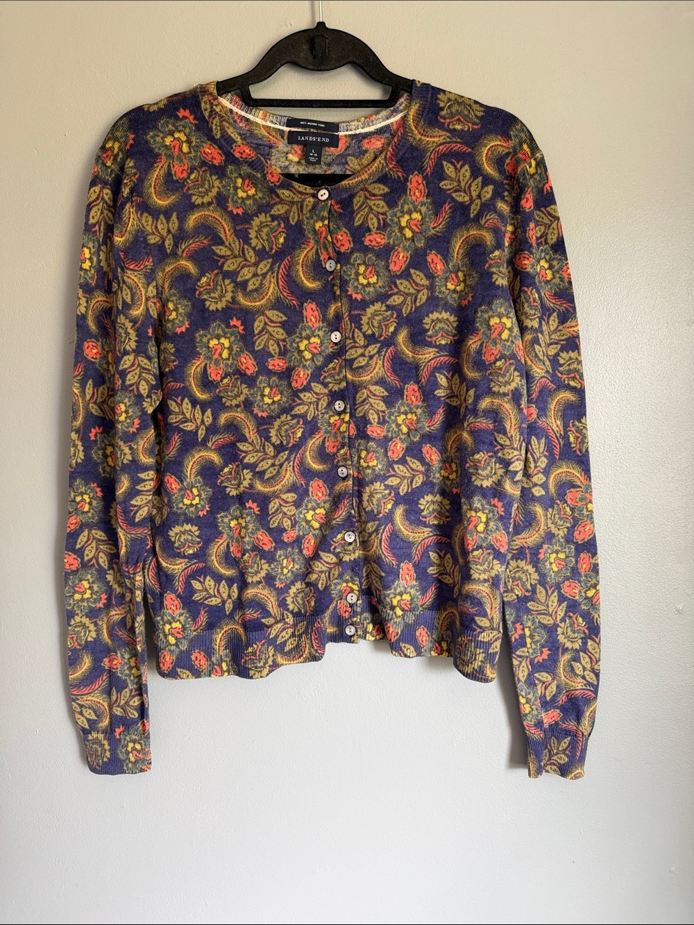 Lands' End 100% Merino Wool Classic Paisley Floral Cardigan Sweater Purple Large